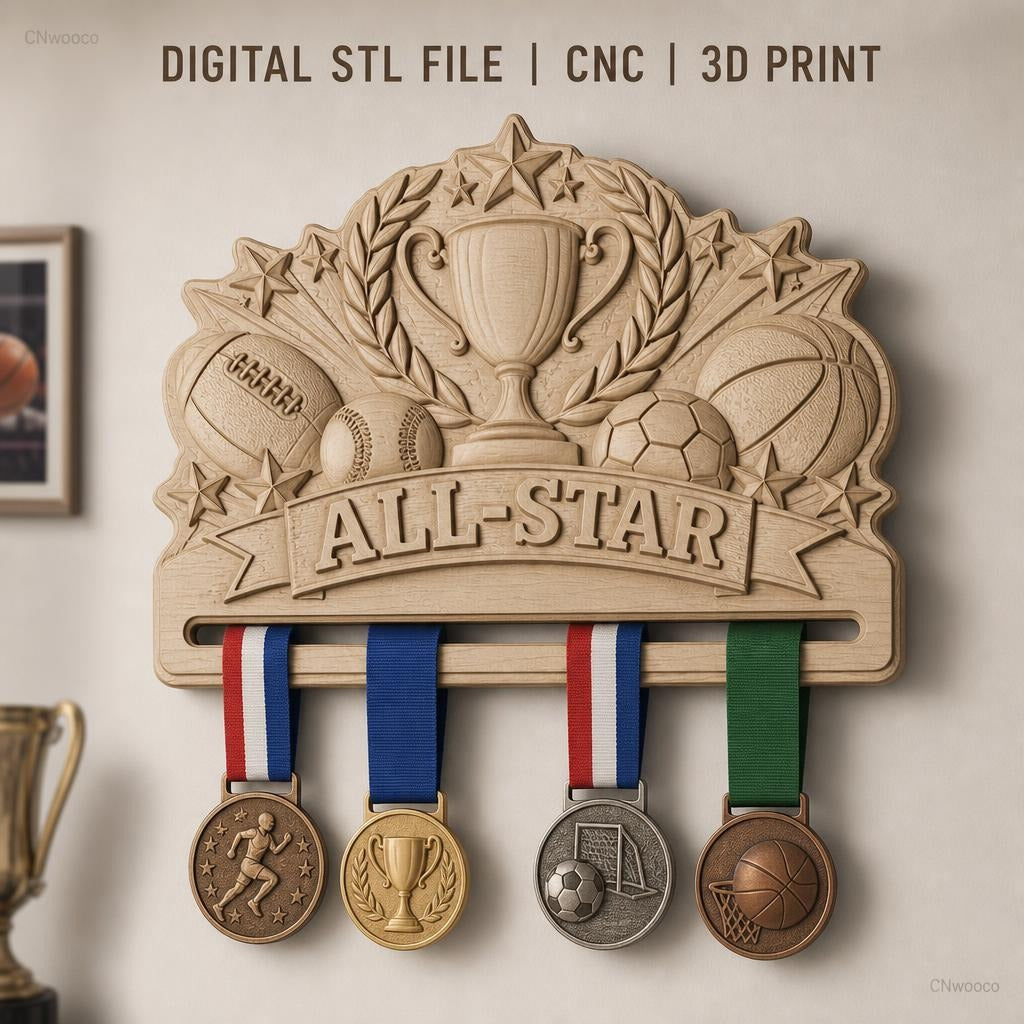 Fichier CNC & impression 3D support médaille sport avec trophée et ballons, STL très haute qualité