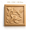 Fichier CNC & impression 3D colibri et fleurs, relief nature et botanique, haute qualité relief STL