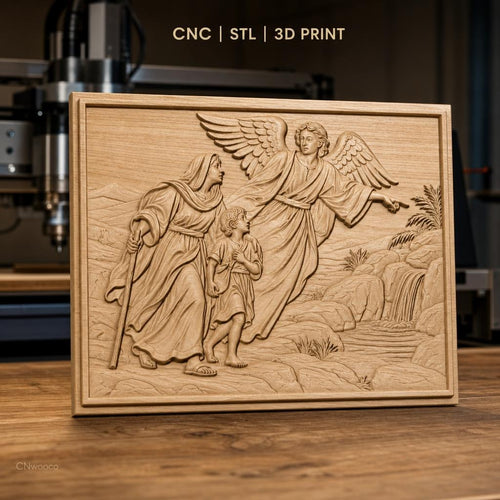 Fichier CNC & impression 3D ange gardien avec femme et enfant, paysage rocheux et cascade, haute qualité relief STL