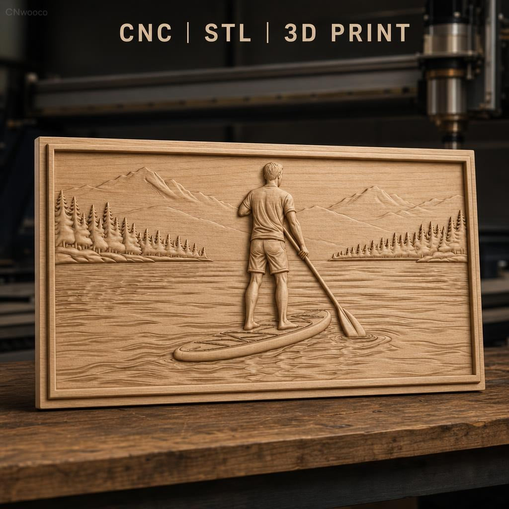 Fichier CNC & impression 3D paddle boarder sur lac avec montagnes et forêt, haute qualité relief STL