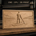 Fichier CNC & impression 3D paddle boarder sur lac avec montagnes et forêt, haute qualité relief STL