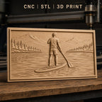 Fichier CNC & impression 3D paddle boarder sur lac avec montagnes et forêt, haute qualité relief STL