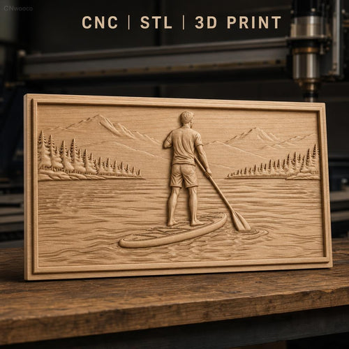 Fichier CNC & impression 3D paddle boarder sur lac avec montagnes et forêt, haute qualité relief STL