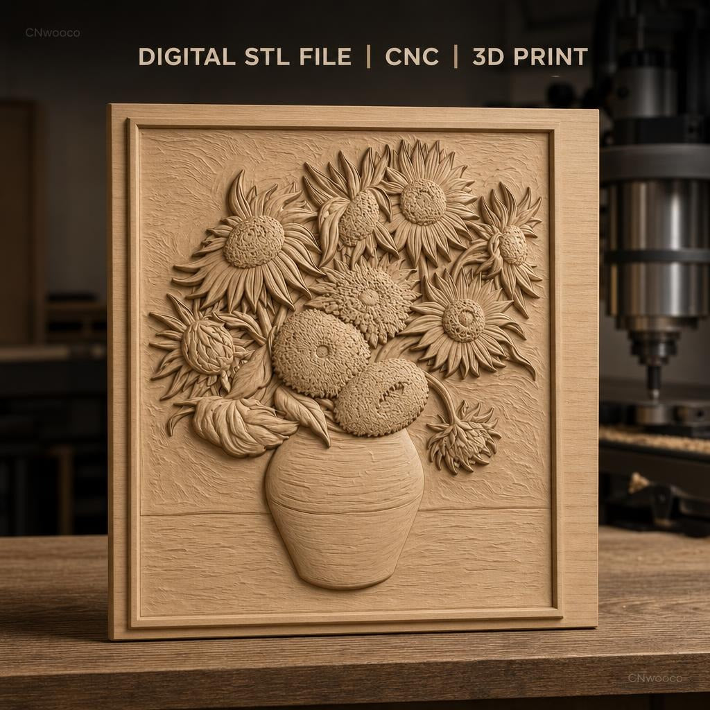 Fichier CNC & impression 3D bouquet de tournesols en vase, fleurs haut relief décoratif, haute qualité relief STL