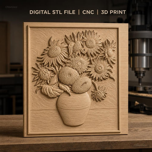 Fichier CNC & impression 3D bouquet de tournesols en vase, fleurs haut relief décoratif, haute qualité relief STL
