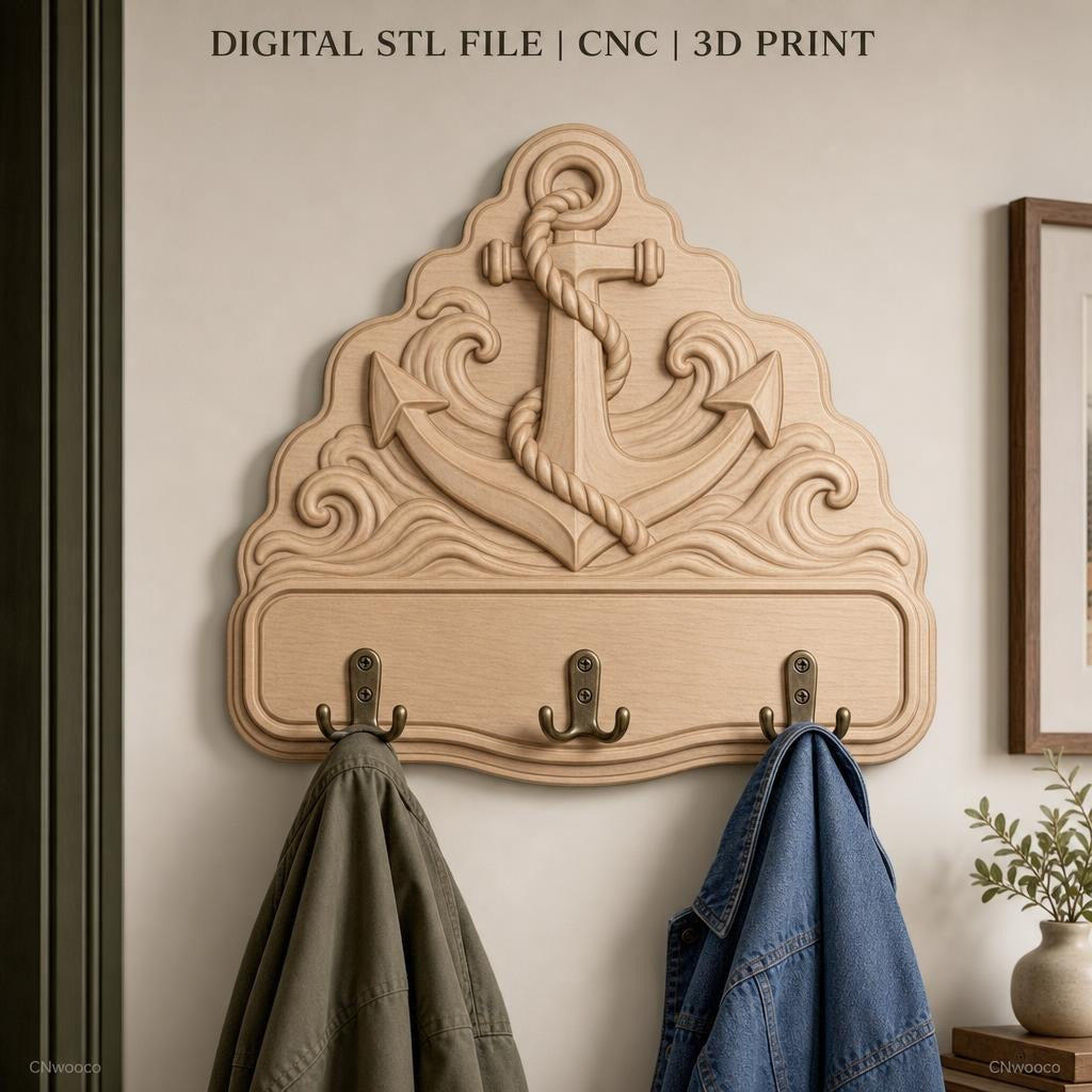 Fichier CNC & impression 3D plaque murale marine avec ancre et vagues, STL très haute qualité