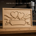 Fichier CNC & impression 3D décor romantique, deux cœurs et bannière, haute qualité relief STL