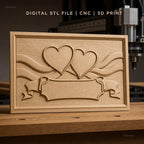 Fichier CNC & impression 3D décor romantique, deux cœurs et bannière, haute qualité relief STL