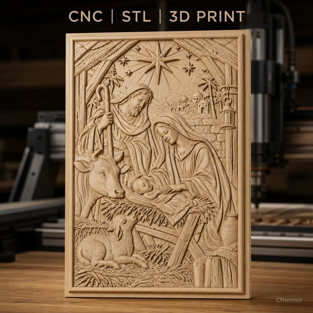 Fichier CNC & impression 3D scène de la nativité avec la Sainte Famille, animaux et étoile haute qualité relief STL