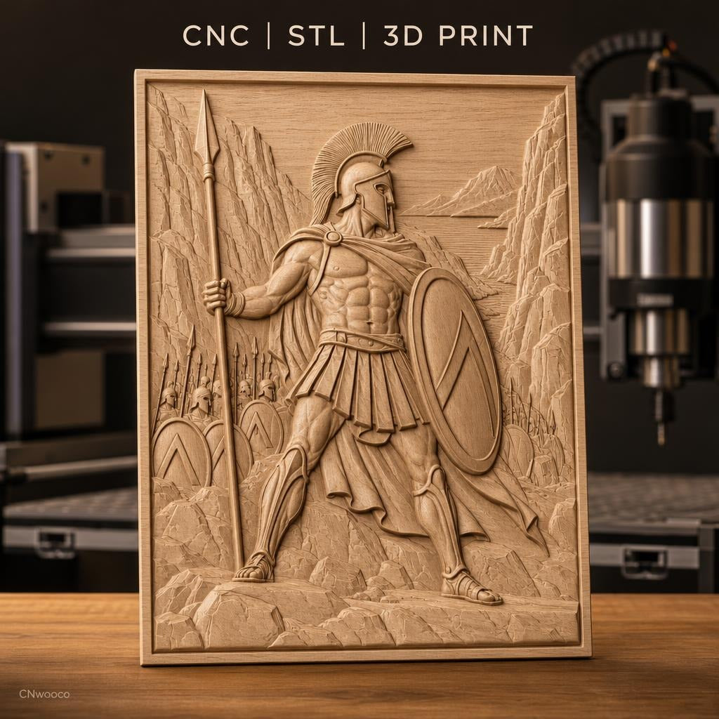 Fichier CNC & impression 3D guerrier spartiate, lance, bouclier, armée et paysage montagneux, haute qualité relief STL