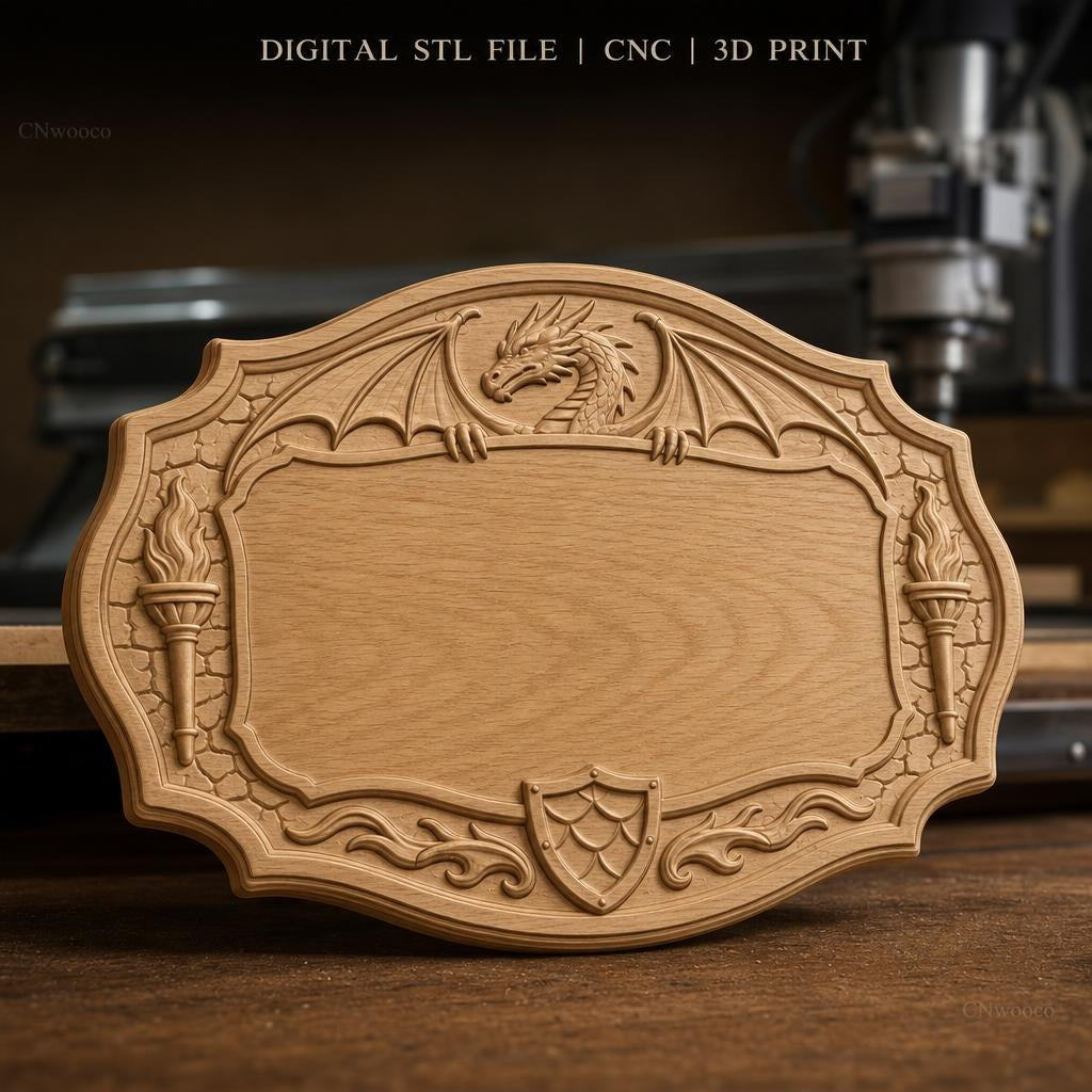 Fichier CNC & impression 3D enseigne dragon médiéval, bouclier et torches, STL très haute qualité