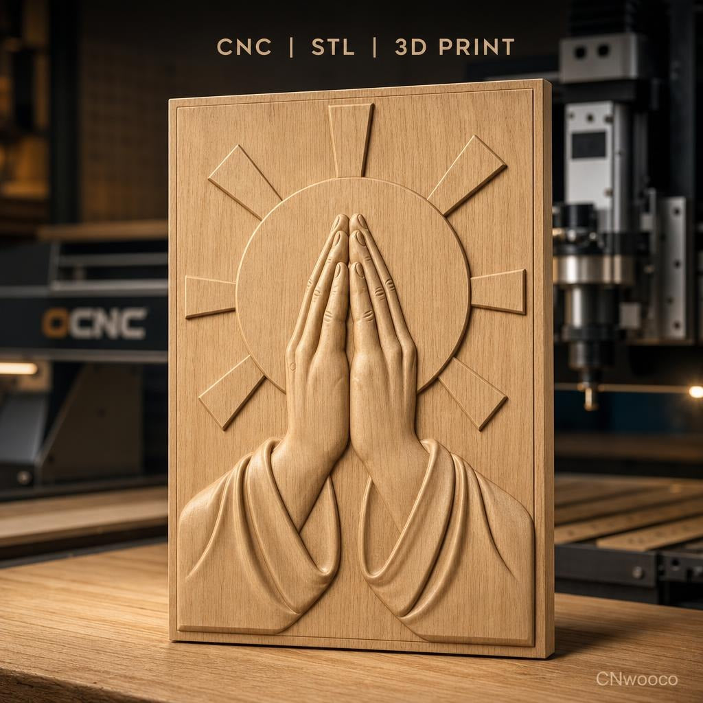 Fichier CNC & impression 3D mains en prière, auréole rayonnante, haute qualité relief STL