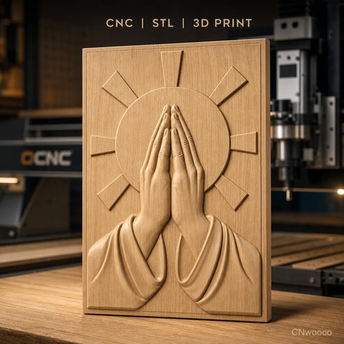 Fichier CNC & impression 3D mains en prière, auréole rayonnante, haute qualité relief STL