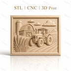 Fichier CNC & impression 3D ferme avec tracteur et silo, champ de blé, haute qualité relief STL