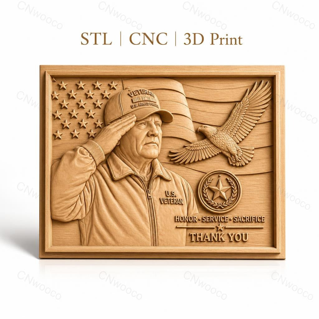 Fichier CNC & impression 3D hommage vétéran américain, drapeau USA, aigle et médaillon militaire, haute qualité relief STL