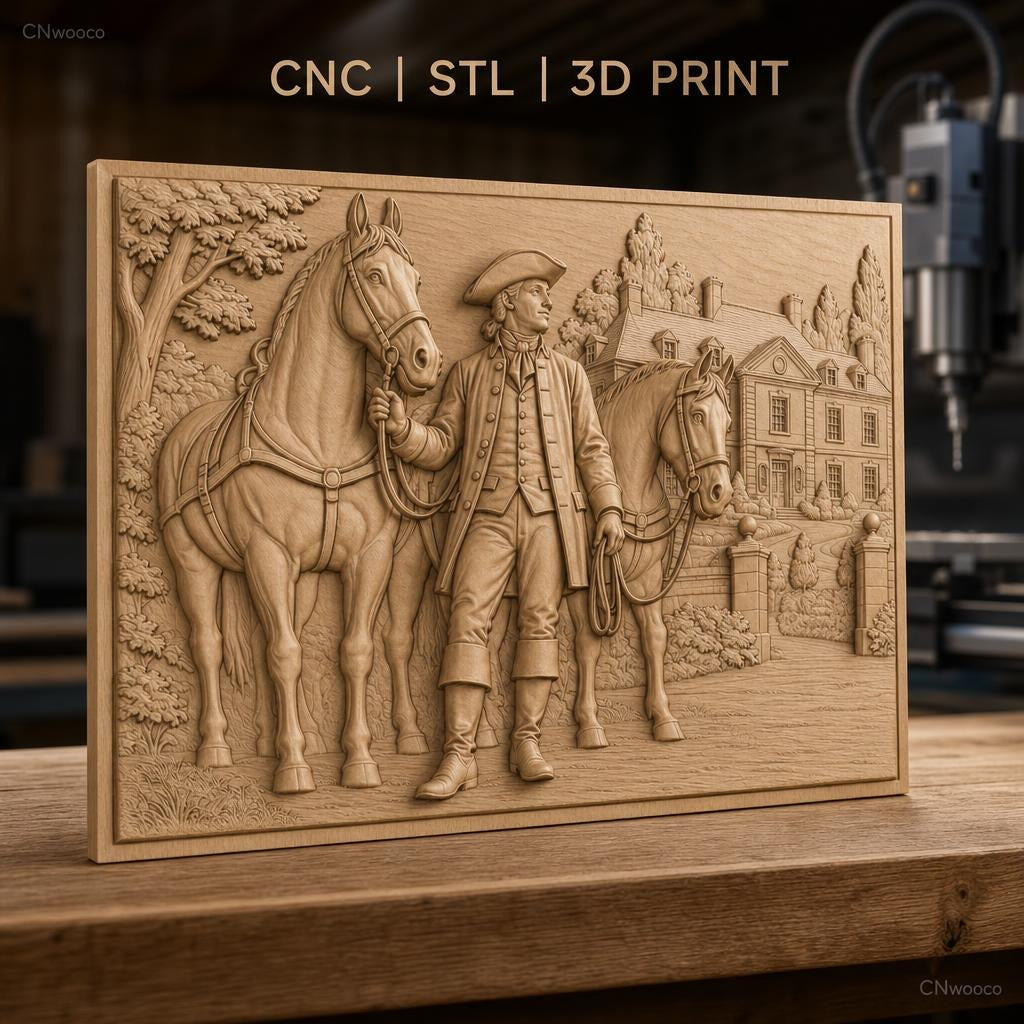 Fichier CNC & impression 3D homme colonial avec chevaux et maison coloniale, haute qualité relief STL