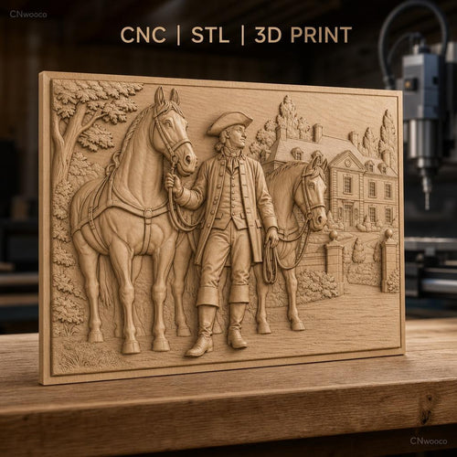 Fichier CNC & impression 3D homme colonial avec chevaux et maison coloniale, haute qualité relief STL