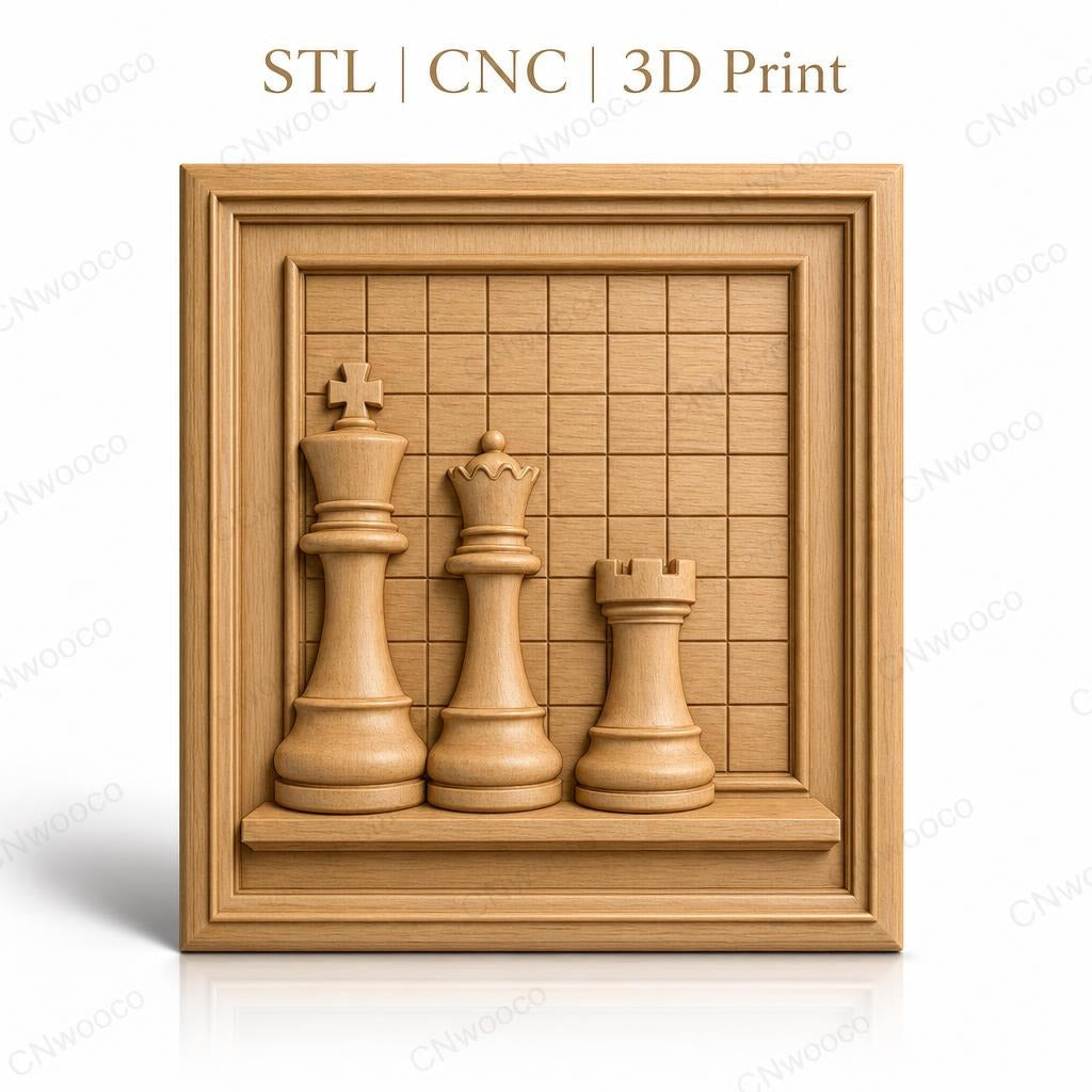 Fichier CNC & impression 3D échecs, pièces roi reine tour sur échiquier, haute qualité relief STL