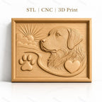 Fichier CNC & impression 3D chien Golden Retriever, patte, cœur et soleil, haute qualité relief STL