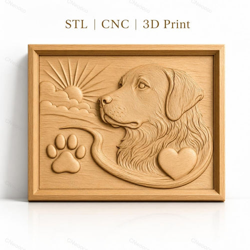 Fichier CNC & impression 3D chien Golden Retriever, patte, cœur et soleil, haute qualité relief STL