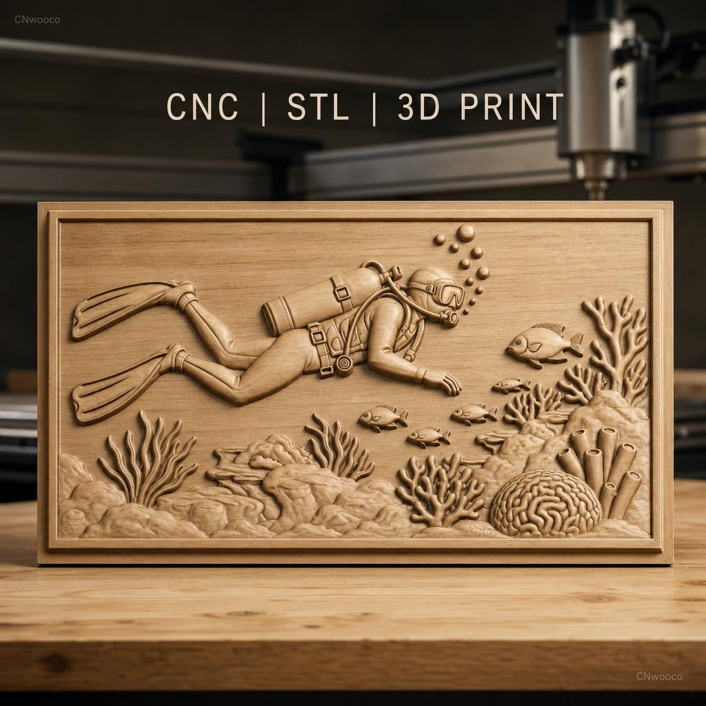 Fichier CNC & impression 3D plongeur sous-marin, poissons et coraux, haute qualité relief STL