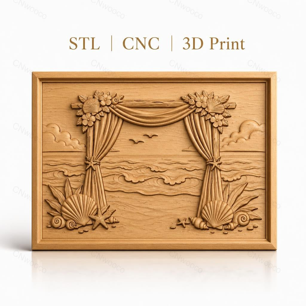 Fichier CNC & impression 3D scène plage, rideaux, coquillages, vague haute qualité relief STL