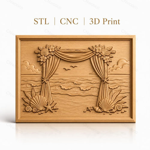 Fichier CNC & impression 3D scène plage, rideaux, coquillages, vague haute qualité relief STL