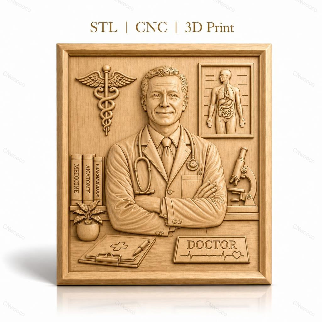 Fichier CNC & impression 3D relief médecin, docteur avec stéthoscope et symbole médical, haute qualité relief STL