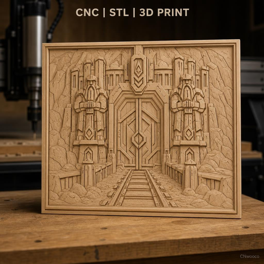 Fichier CNC & impression 3D porte naine gardée par statues, relief de montagne et rails, haute qualité relief STL