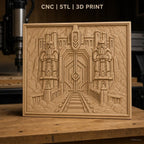 Fichier CNC & impression 3D porte naine gardée par statues, relief de montagne et rails, haute qualité relief STL