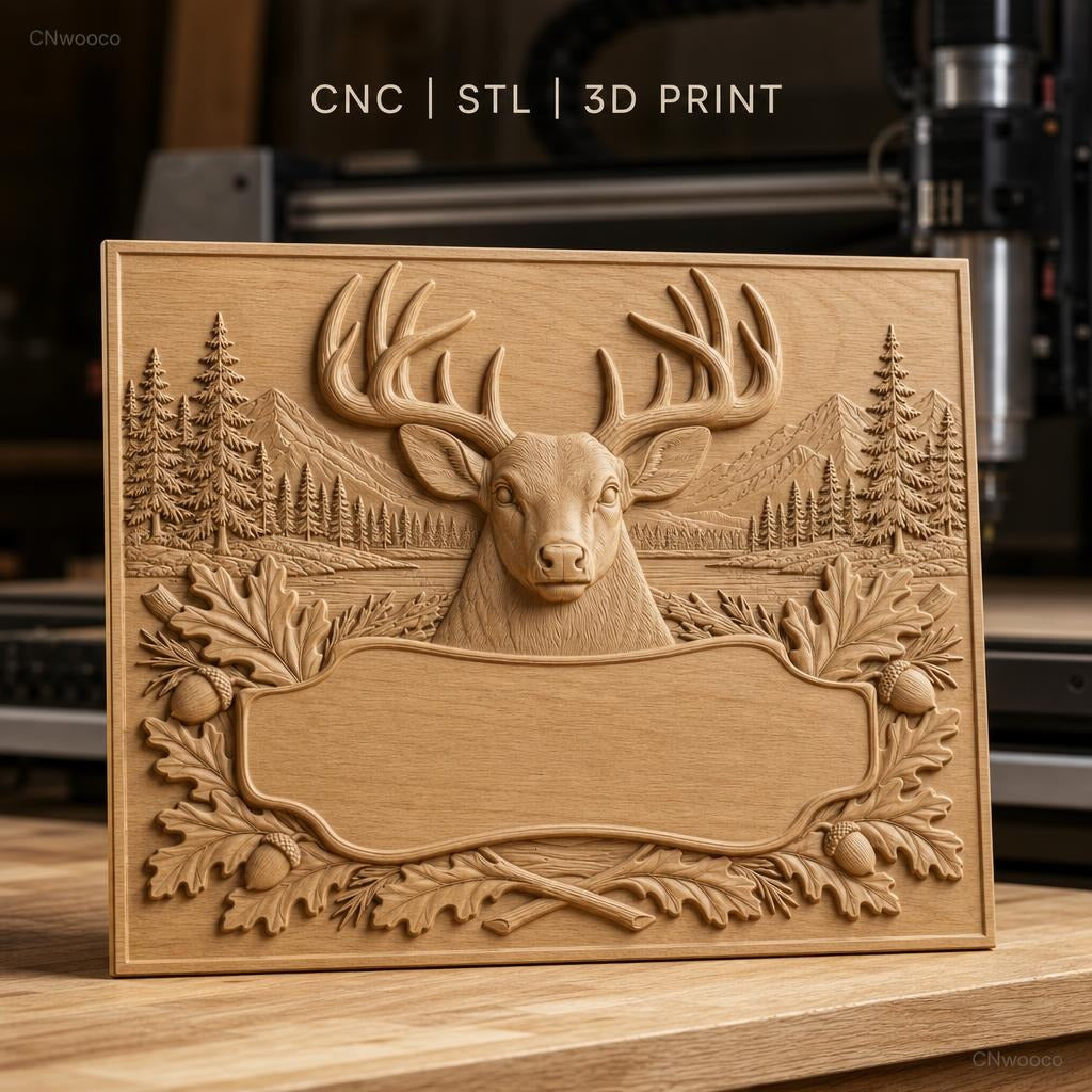 Fichier CNC & impression 3D cerf majestueux, décor forêt, montagnes et gland, haute qualité relief STL