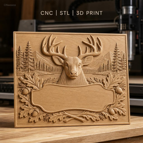 Fichier CNC & impression 3D cerf majestueux, décor forêt, montagnes et gland, haute qualité relief STL