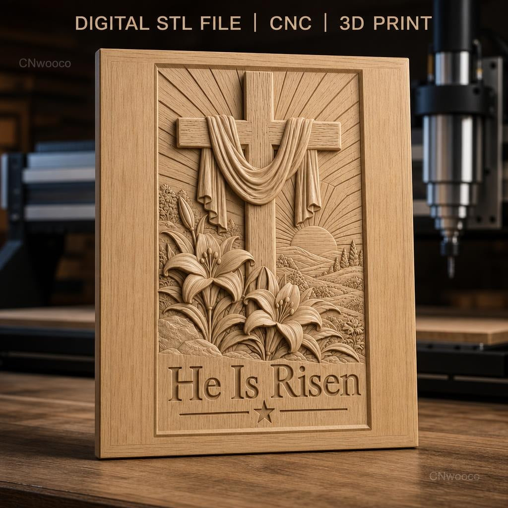 Fichier CNC & impression 3D Croix chrétienne, lys en relief avec texte He Is Risen, haute qualité relief STL
