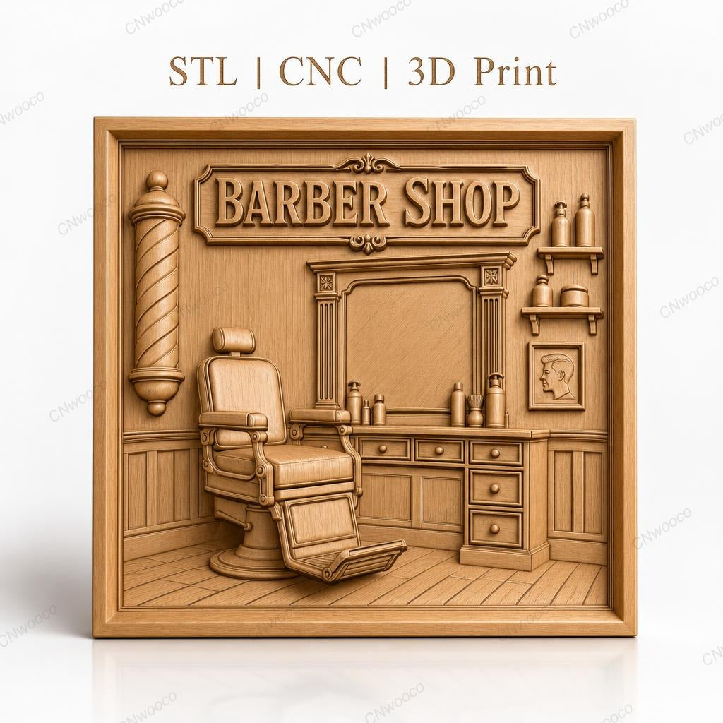 Fichier CNC & impression 3D salon de coiffure, fauteuil barbier, miroir, enseigne Barber Shop haute qualité relief STL