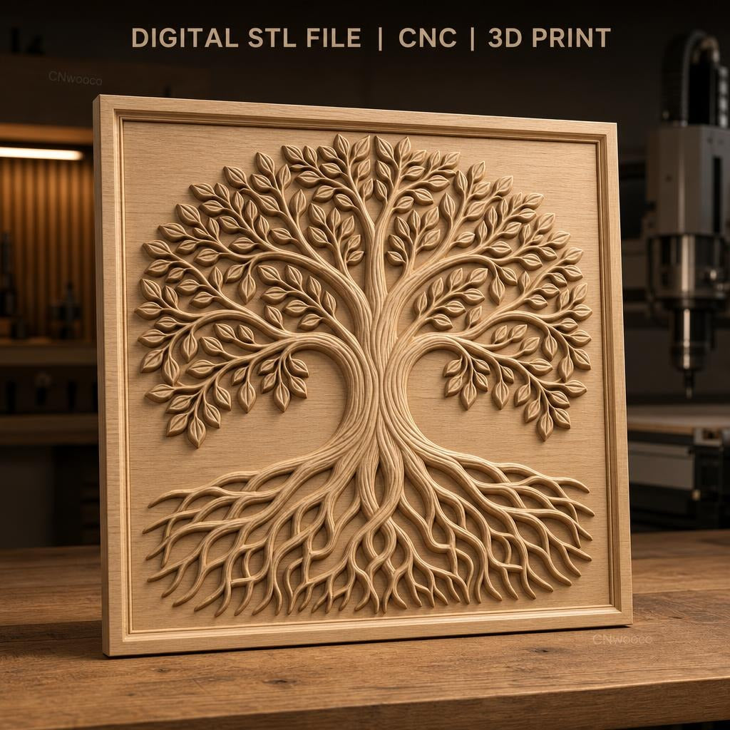 Fichier CNC & impression 3D arbre de vie avec feuilles et racines entrelacées haute qualité relief STL