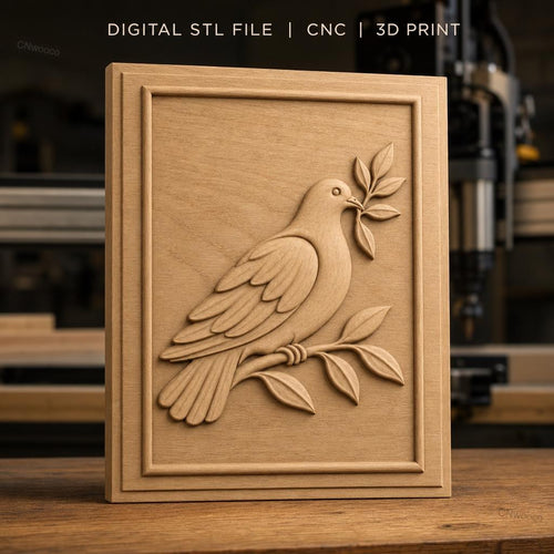 Fichier CNC & impression 3D colombe avec branche et feuilles, haute qualité relief STL