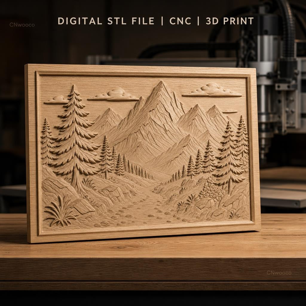 Fichier CNC & impression 3D paysage montagneux, sapins, ruisseau et rochers, haute qualité relief STL