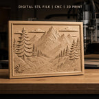Fichier CNC & impression 3D paysage montagneux, sapins, ruisseau et rochers, haute qualité relief STL