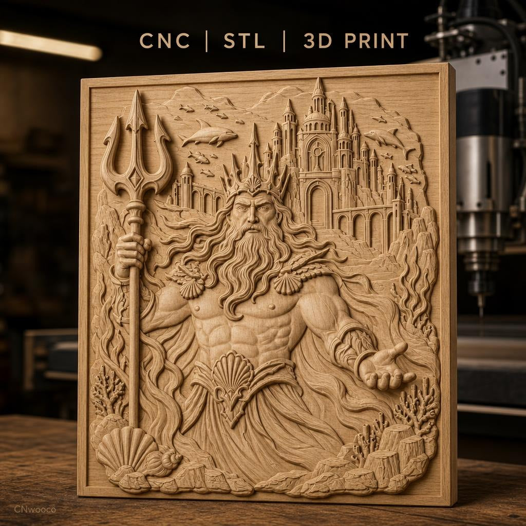Fichier CNC & impression 3D Poseidon dieu de la mer, trident, dauphins, château sous-marin, haute qualité relief STL