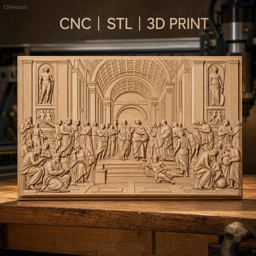 Fichier CNC & impression 3D école d athènes, figures philosophiques et architecture classique, haute qualité relief STL