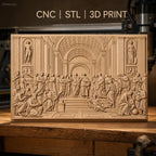 Fichier CNC & impression 3D école d athènes, figures philosophiques et architecture classique, haute qualité relief STL