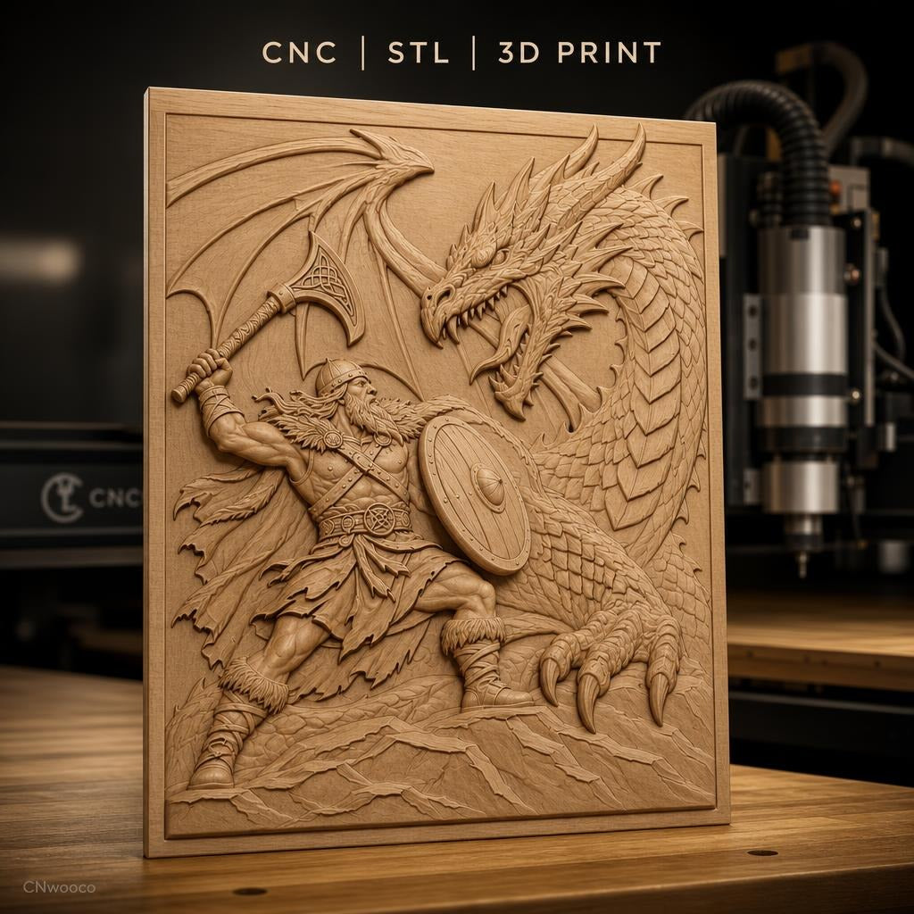 Fichier CNC & impression 3D guerrier viking combattant dragon, hache bouclier combat fantastique, haute qualité relief STL