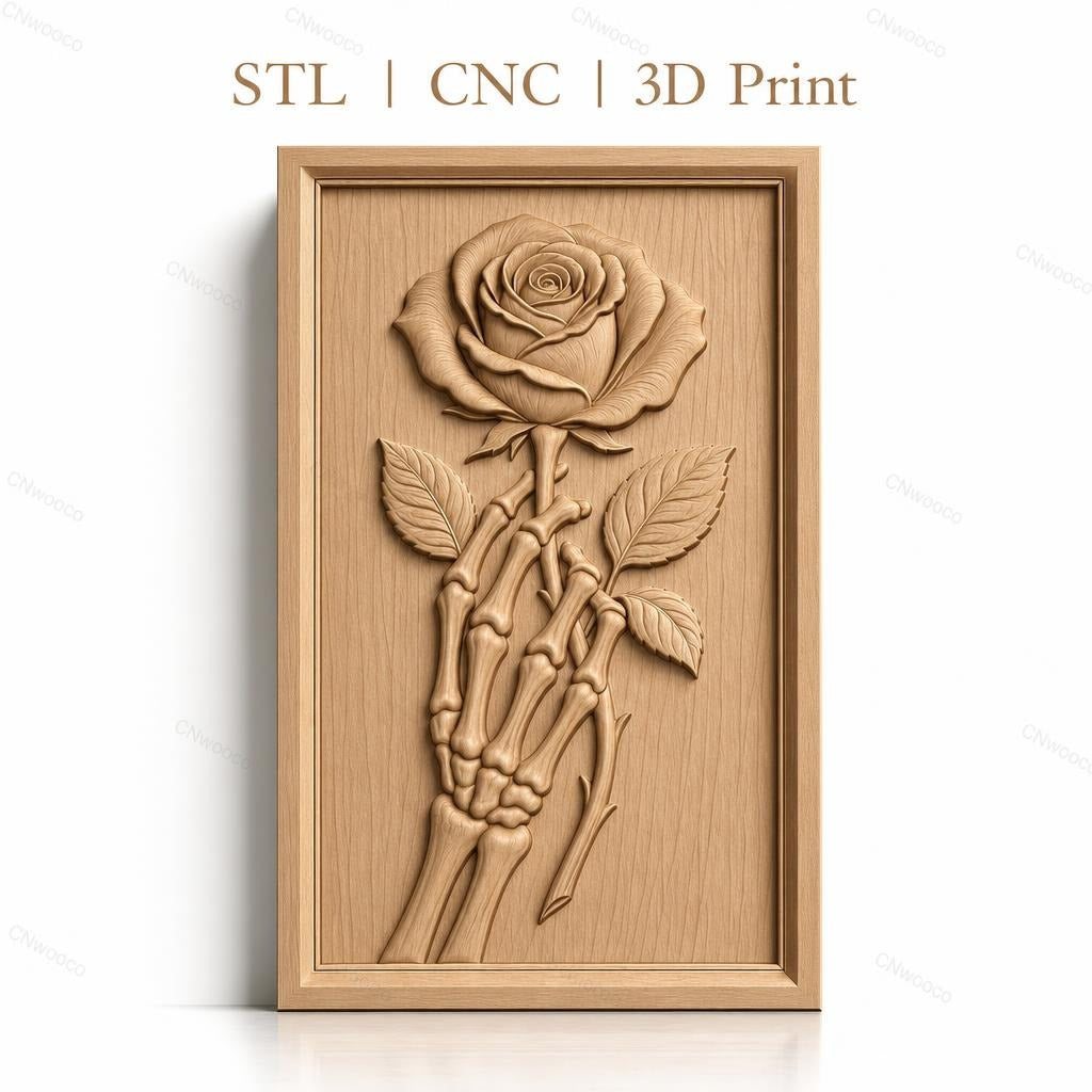 Fichier CNC & impression 3D squelette tenant une rose, haute qualité relief STL