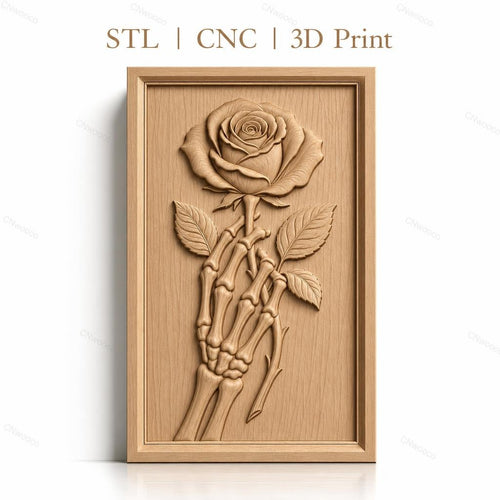 Fichier CNC & impression 3D squelette tenant une rose, haute qualité relief STL