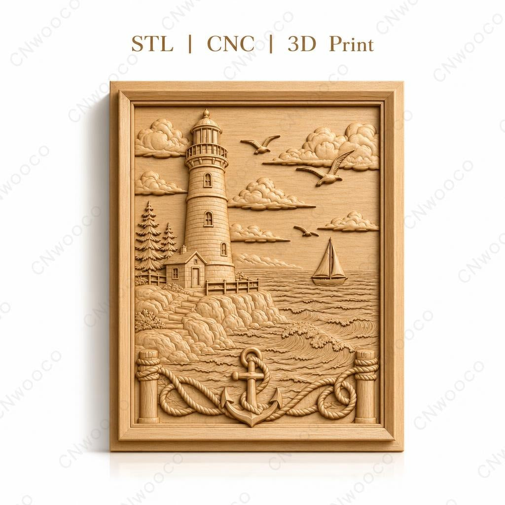 Fichier CNC & impression 3D scène marine, phare, bateau à voile, ancre, relief côtier haute qualité relief STL