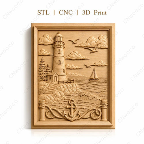 Fichier CNC & impression 3D scène marine, phare, bateau à voile, ancre, relief côtier haute qualité relief STL
