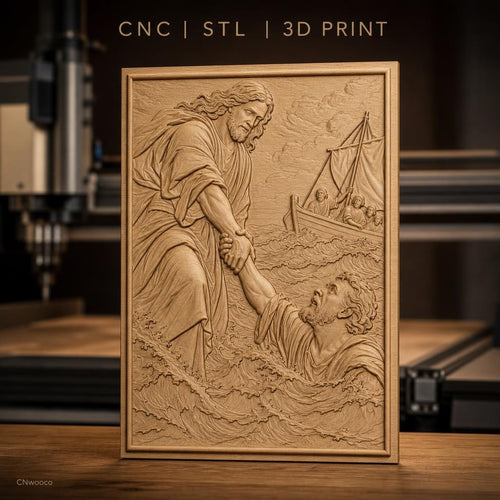 Fichier CNC & impression 3D scène Jésus sauvant Pierre, bateau, eau agitée haute qualité relief STL
