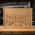 Fichier CNC & impression 3D bibliothèque classique, salle de lecture avec tables et lampes, haute qualité relief STL