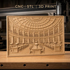 Fichier CNC & impression 3D bibliothèque classique, salle de lecture avec tables et lampes, haute qualité relief STL