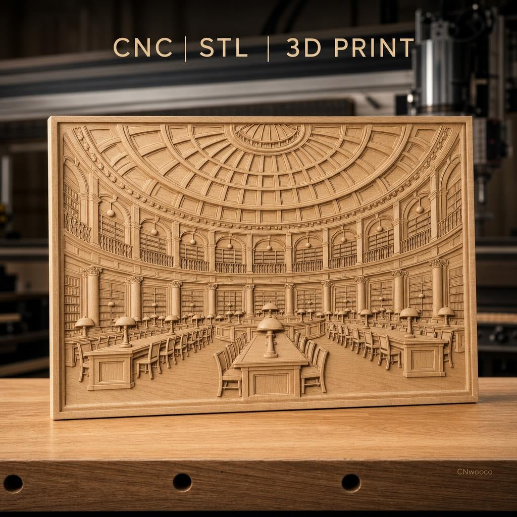 Fichier CNC & impression 3D bibliothèque classique, salle de lecture avec tables et lampes, haute qualité relief STL